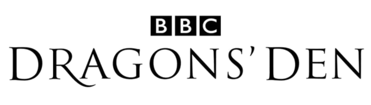 The logo for BBC Dragons' Den, featuring the BBC block logo above the words 'DRAGONS' DEN' in black serif lettering on a white background.