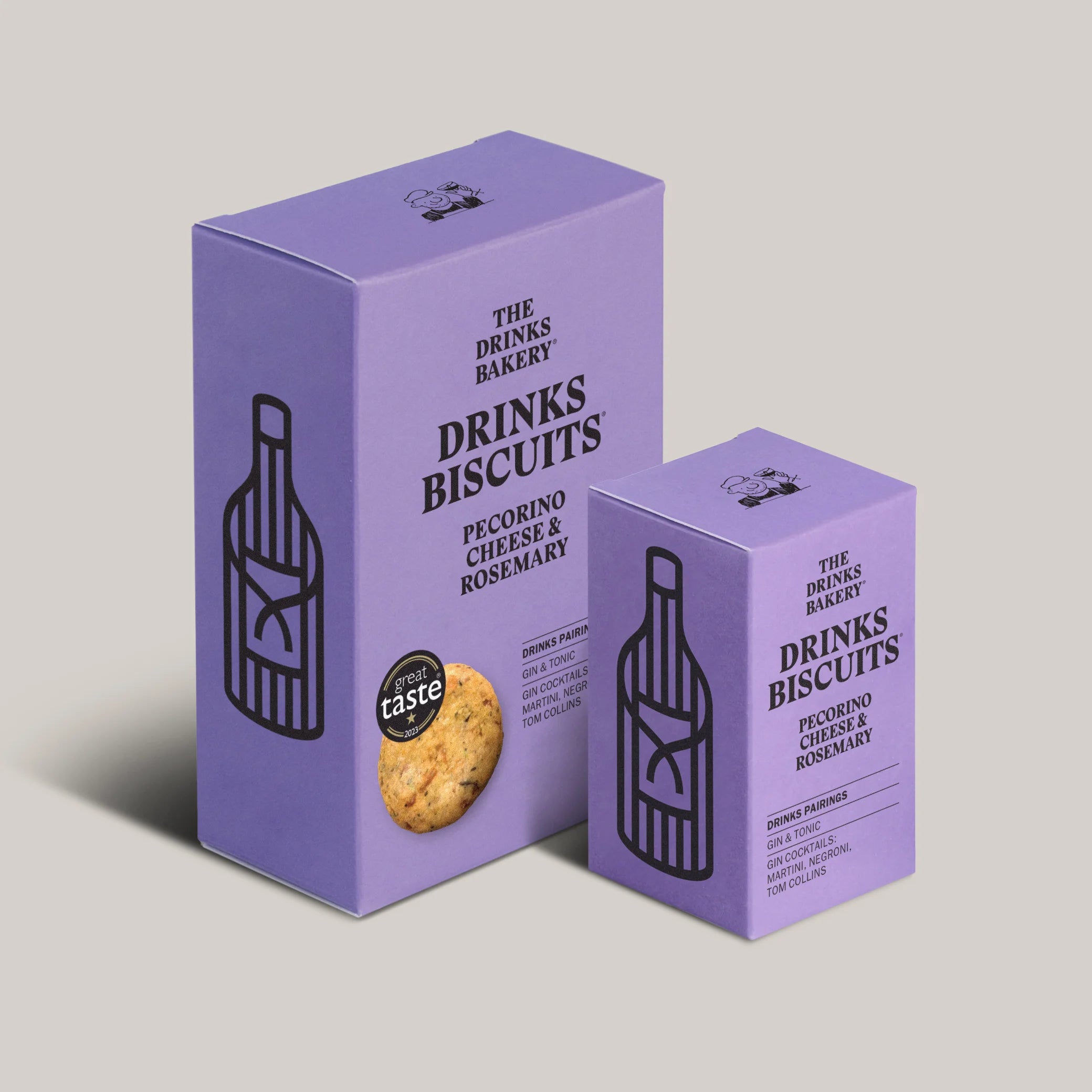 Two purple boxes of 'The Drinks Bakery' pecorino cheese & rosemary biscuits on a light gray background.