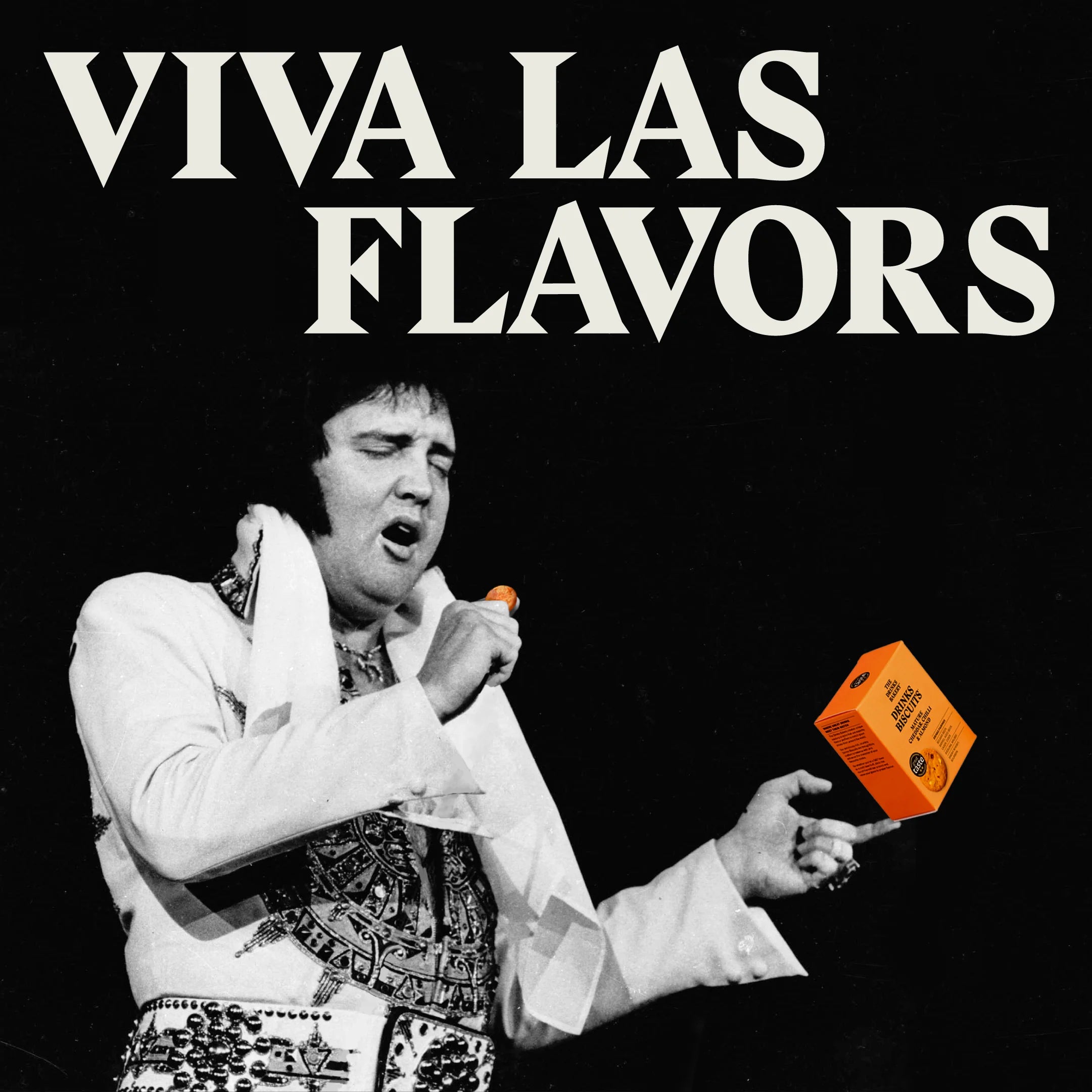 Album-style cover art with the text 'VIVA LAS FLAVORS' in large white letters above a black-and-white photo of a performer holding a microphone and tossing an orange box of Drinks Biscuits.